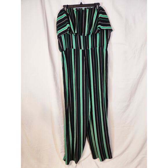 Ups & Downs $40 1X Black White Green Striped Ruffle Top Strapless Long Romper - Picture 1 of 5